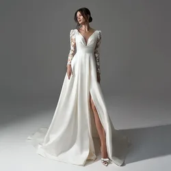 Msikoods Elegant Simple Long Sleeve Wedding Dress Satin A Line V neck Bridal Gowns Side Split Bride Dress Sweep Train Plus Size