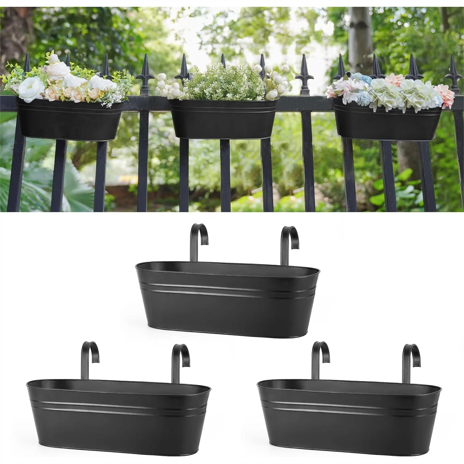 

3 Pcs Metal Hanging Flower Pots for Railing Fence Outdoor Planter 15.7 Inch with Detachable Hooks for Garden Yard Home Decor