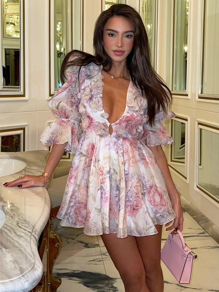

French Style Floral Printed Sexy Mini Dress Women Pink Summer Deep V Ruffles Vocation Party Sexy Ladies Hotsweet Dress Vestido