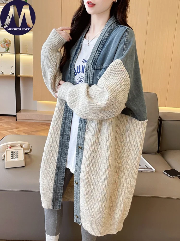 

Женский лоскутный джинсовый кардиган с v-образным вырезом, вязаный свитер средней длины, повседневное свободное платье, корейское модное осенне-зимнее пальто