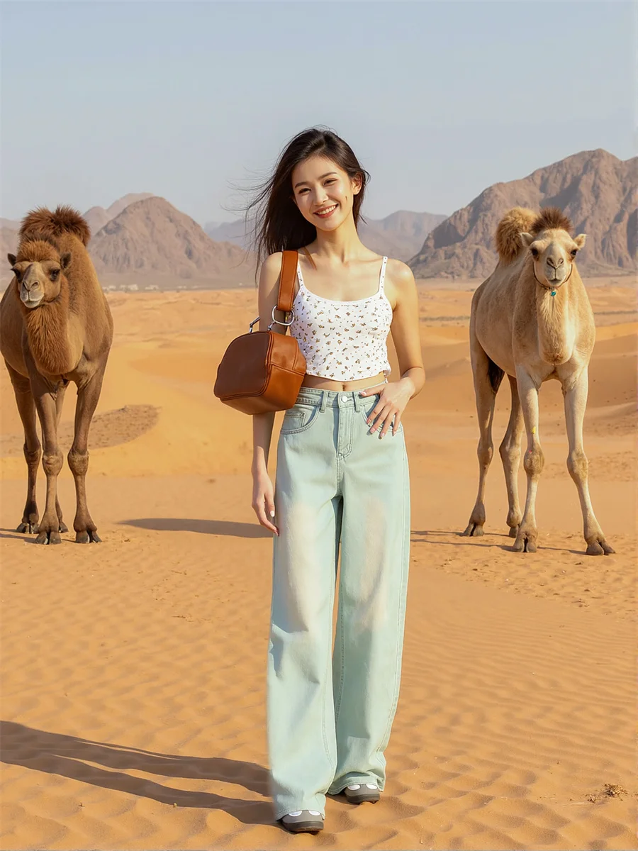 Floor Wide Leg Distressed Jeans Womens Drapey Lady Multiple Beaded Flower Print Cute Gift Artistic Lightweight Quality Side