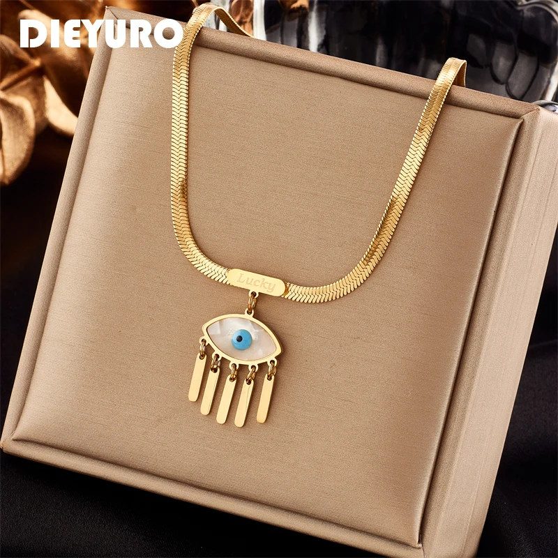 DIEYURO 316L Stainless Steel Eye Pattern Tassel Pendant Necklace For Women Vintage Girls Lucky Letters Chain Party Jewelry Gifts