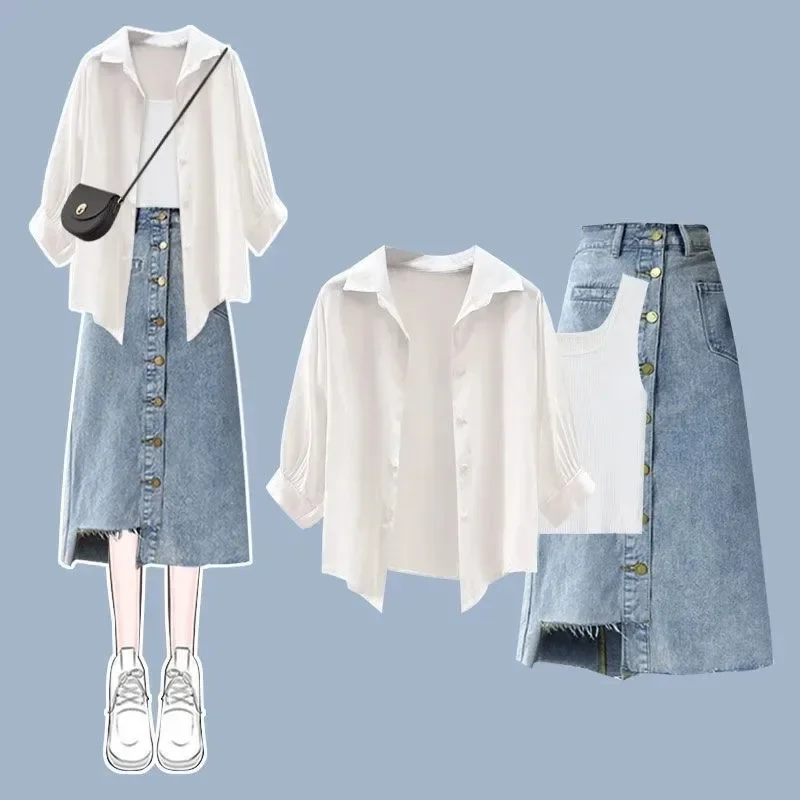 

Women Spring Summer New Chic White Shirt+vest+irregular Sexy Denim Skirt 3-piece Suit Female Elegant Cardigan Dress Matching Set