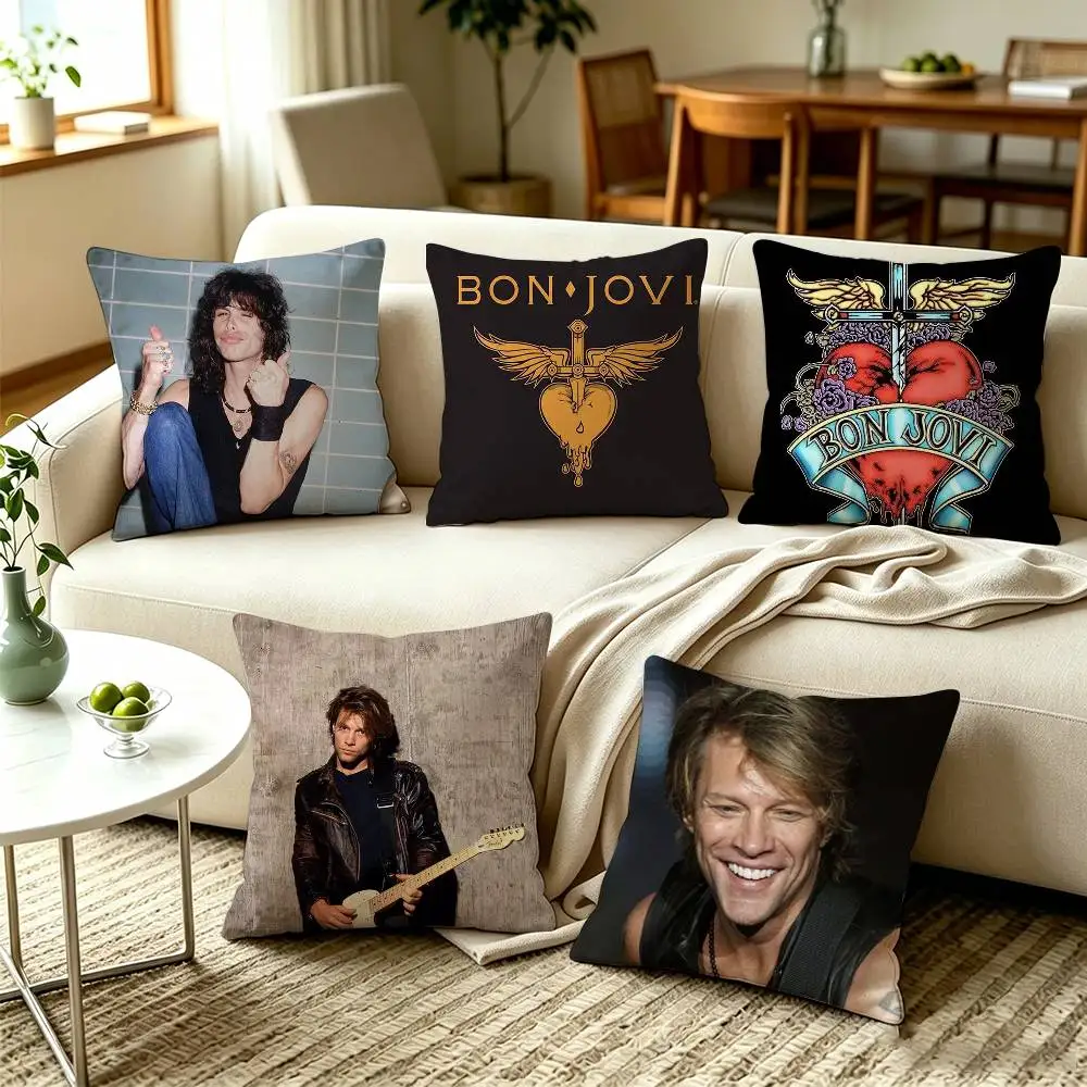 B-Bon Jovi Classic 80s Hard Rock Band Vintage  Square Double-Sided printed Pillow Case Bedroom Bedside Pillow Sofa Cushion Cover