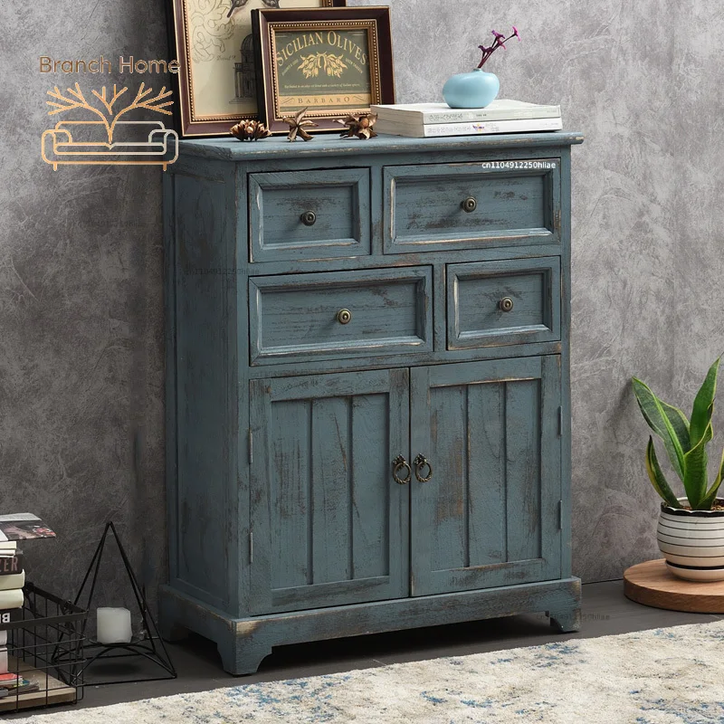 ‌Distressed Mediterranean Sideboard‌: Mortise-Tenon Solid Wood Storage Cabinet for Entryway/Dining - Water-Based Lacquer Finish