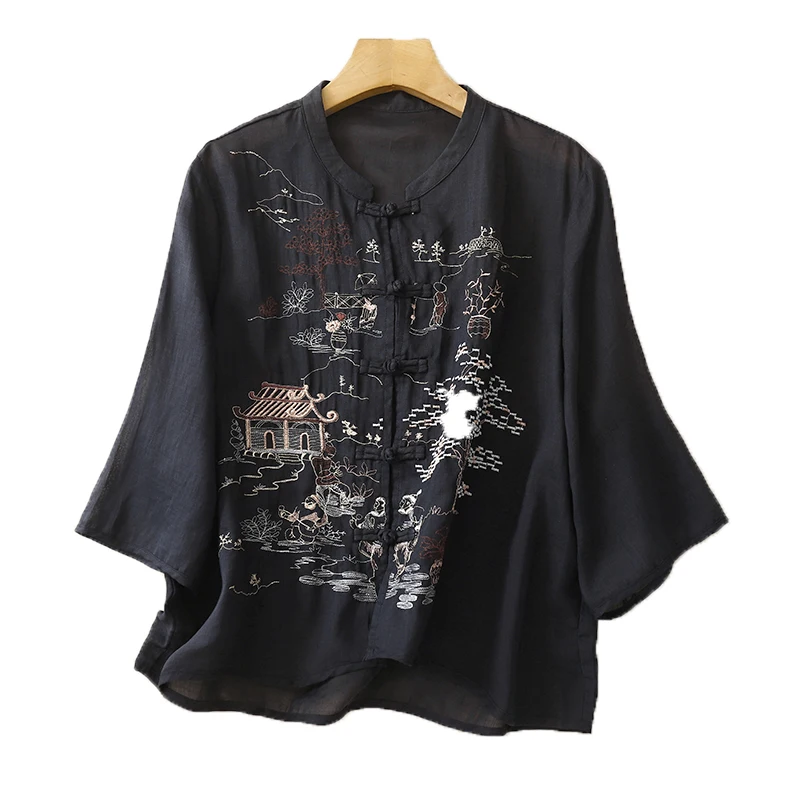 2024 New Arrivals Women Cotton Linen Blouse Loose Design Three Quaters Sleeves Chinese Fashion Embroidery