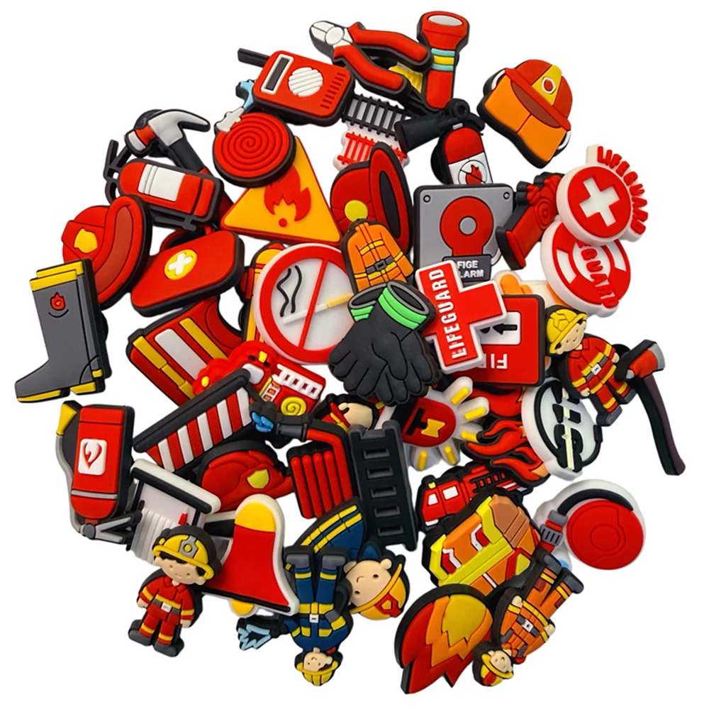 Wholesale 31-100Pcs Fire Alarm Fire Extinguisher PVC Shoe Charms Firefighter Sandal Buckle Ornaments For Birthday Gifts