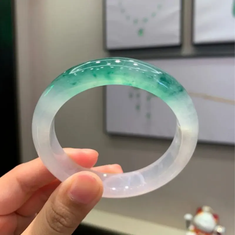 Natural Burmese Old Mine for Women, Ice Type with Flower Pattern, Light Sunlight Green Jadeite Bracelet