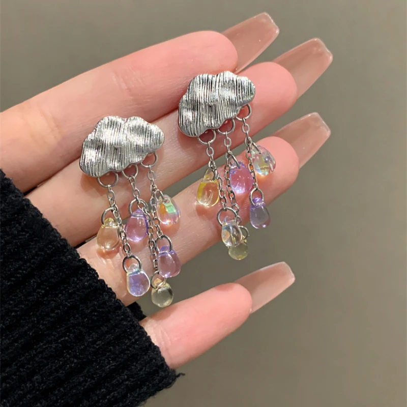 Cloud Water Drop Crystal Long Tassel Earrings for Women Trendy Fashion Raindrop Cloud Clip on Earrings Without Piercing