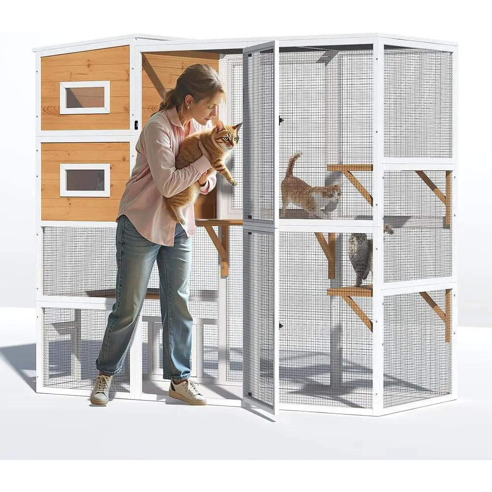 

Уличный вольер для кошек, большой, 4-уровневый, с возможностью подключения к окну, для кошек, живущих на улице и в помещении, с непромокаемой крышей, зонами отдыха и платформами.