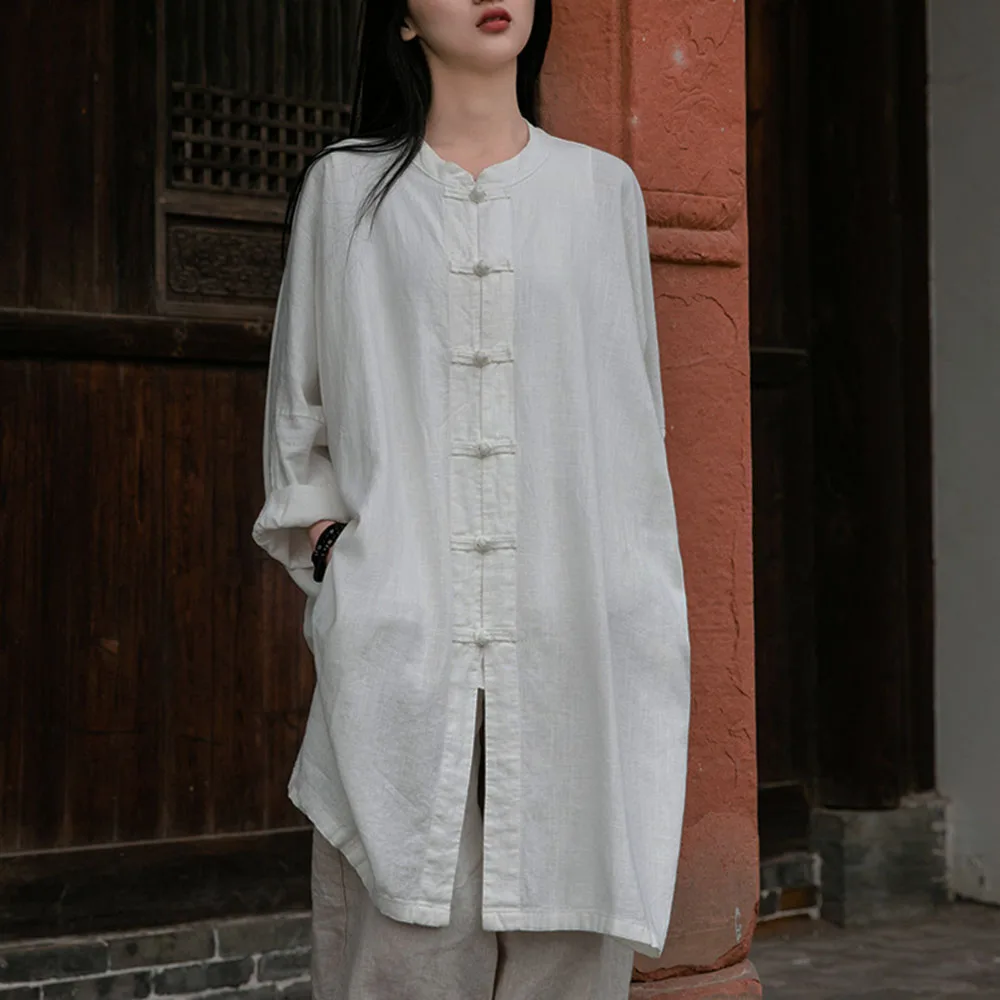 

Chinese Solid Color Disc Buckle Retro Shirt Men Women's Spring Plus-Size Casual Long Sleeve Tai Chi Cotton Linen Long Big Shirt
