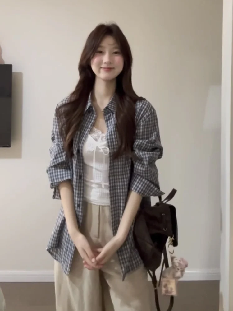 Korean Sle Long Sve Plaid Loose Women's irt Summer Versatile Lazy Sle Top Outerwear Sun Protection irt Blouse