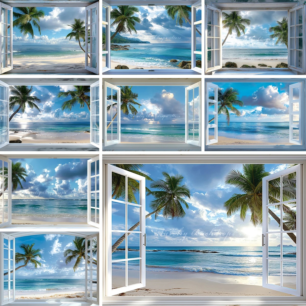 

Seaside Window Seaview Backgrounds Kids Adult Photography Props Child Baby Decors Beach Palm Trees Photo Backdrops