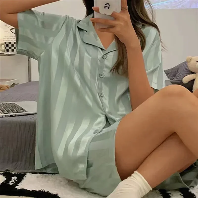 Cotton Suit Sets Home Sleeve Sleepwear Pajamas Set Korean Shorts Short Summer Loose New Women Pajama Silk Top Casual