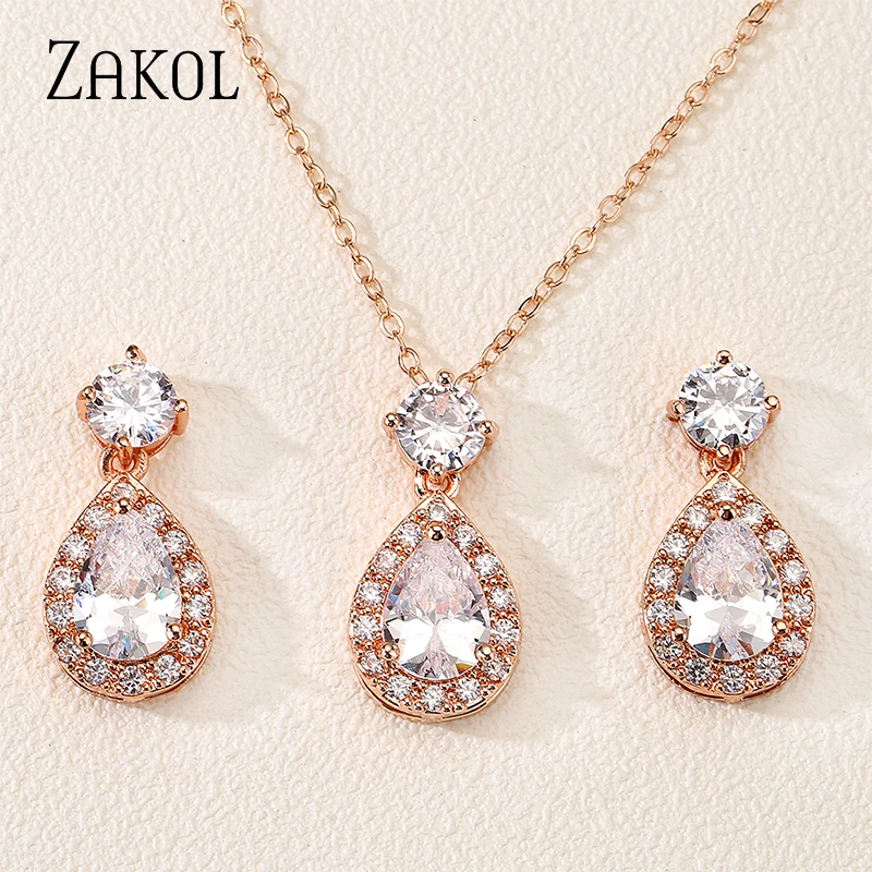 ZAKOL Luxury Geometric Water Drop Cubic Zirconia Jewelry Sets for Women Exquisite Engagement Jewelry Wedding Jewellery Set