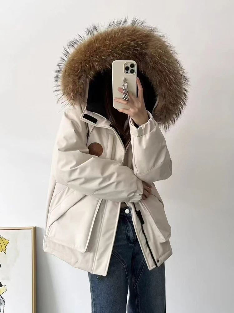 2024 Winter New Women\'s Fur Collar Snow Parka Thicken White Duck Down Puffer Coat Warm Jacket with Faux Fur Removable Hood