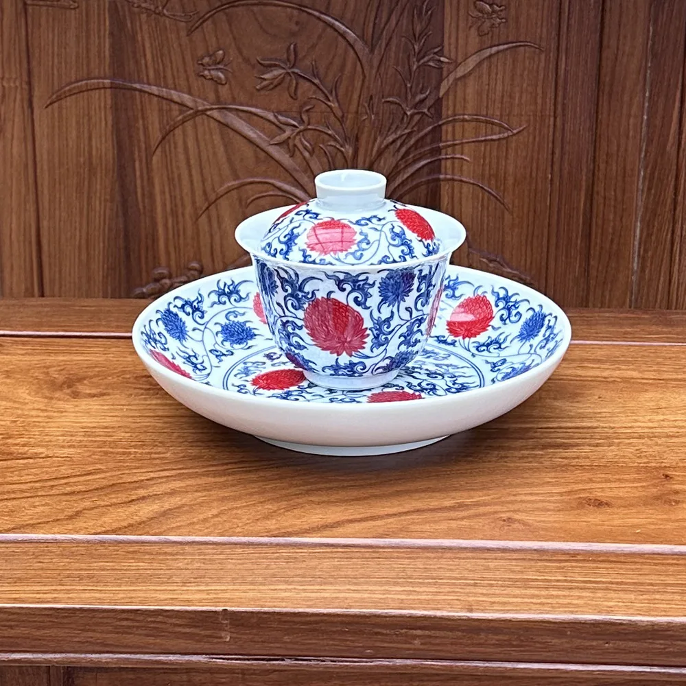 Jingdezhen Handmade Ercai Tureen Blue and White Glaze Red Tea Brewing Bowl High Grade Porcelain Kombucha Set Cup