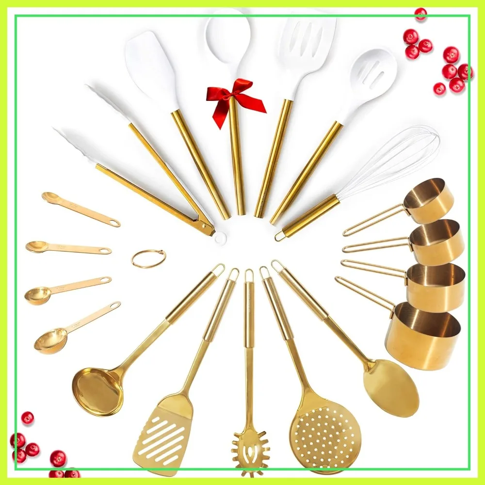 

Gold Kitchen Utensils Set - 19-Piece Stainless Steel & Silicone Tools with Measuring Cups - Luxury Cooking Accessories