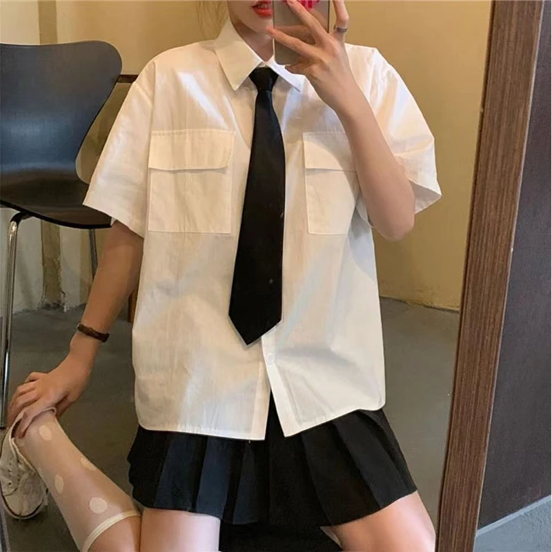 DAYIFUN 2024 Short Sleeve Blousas Women White Lapel Casual Pocket Shirts with Tie Teen Girl Student Loose Oversized Basic Blusas