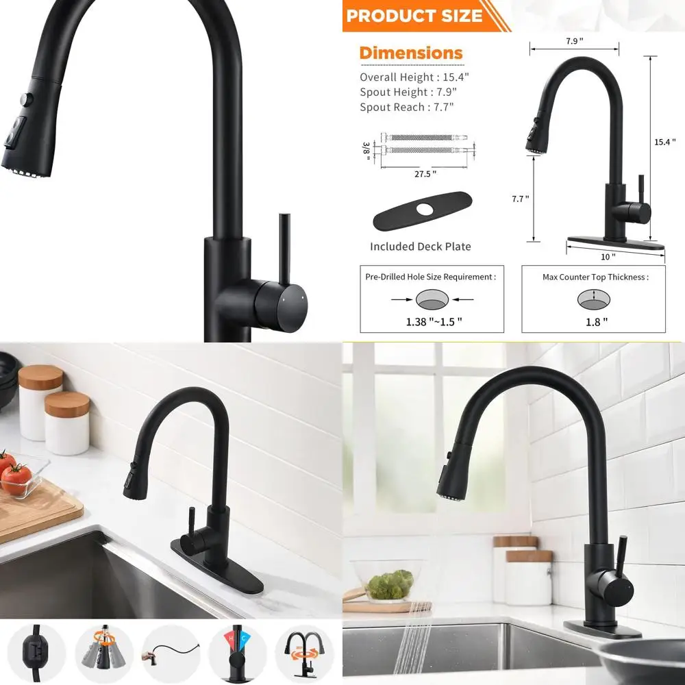 

Stainless Steel Single Handle Kitchen Faucet with Pull-Down Sprayer, Deck Mounted, for Black Kitchen Sinks