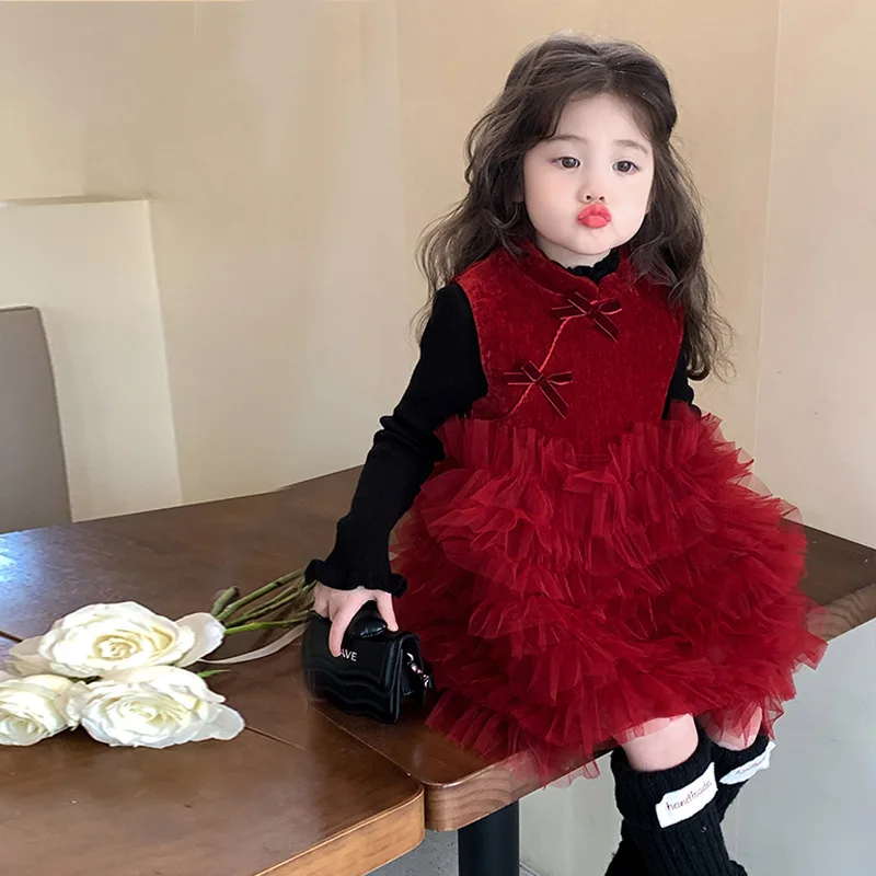 

Girls' Fleece-Lined Dress Autumn Winter Children's Hanfu One-Year-Old National Style Dress Baby New Year Clothes Greeting Dress