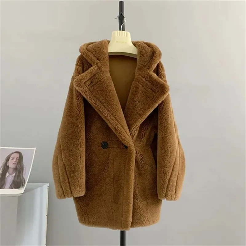 

Women Jacket Winter New Fashion Hooded Mid-Length Sheep Fleece Fur Coat Double-Breasted Outwear Female Lamb Wool Overcoat W172