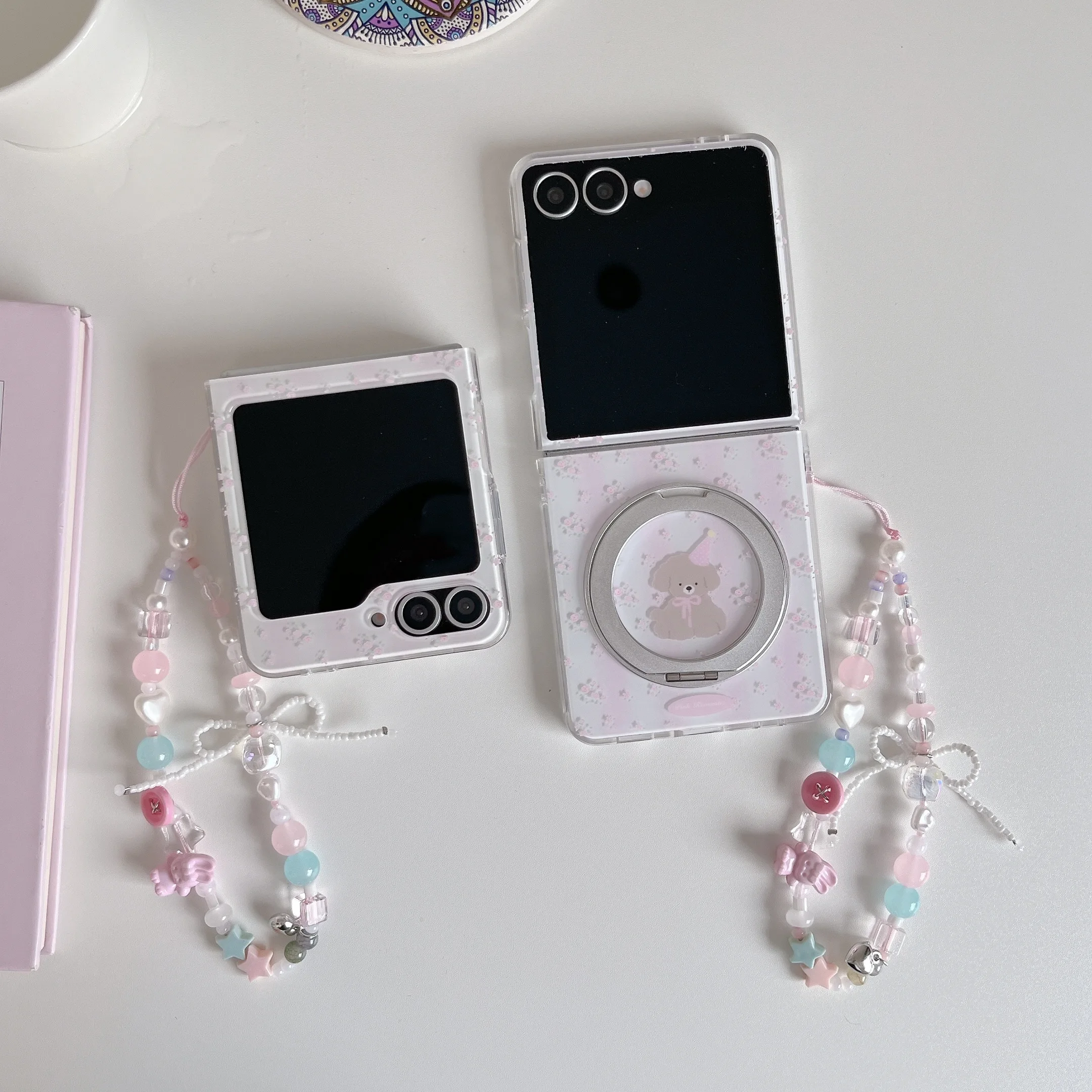 

Cute Kawaii Puppy Floral Clear Phone Case with Magnetic Ring Holder Beaded Lanyard For Samsung Galaxy Z Flip 7 6 5 Foldable Pro