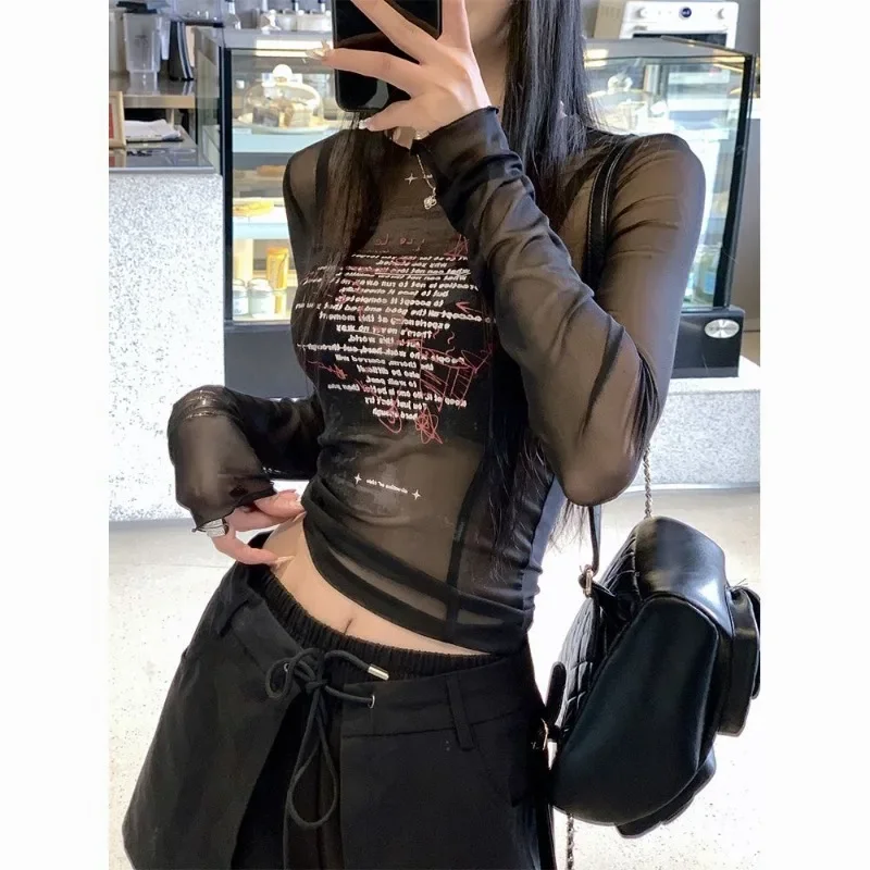 Long Sleeve T-shirt Women's Slim Bottoming Shirt Top Mesh Transparent Fungus Printed Round Neck
