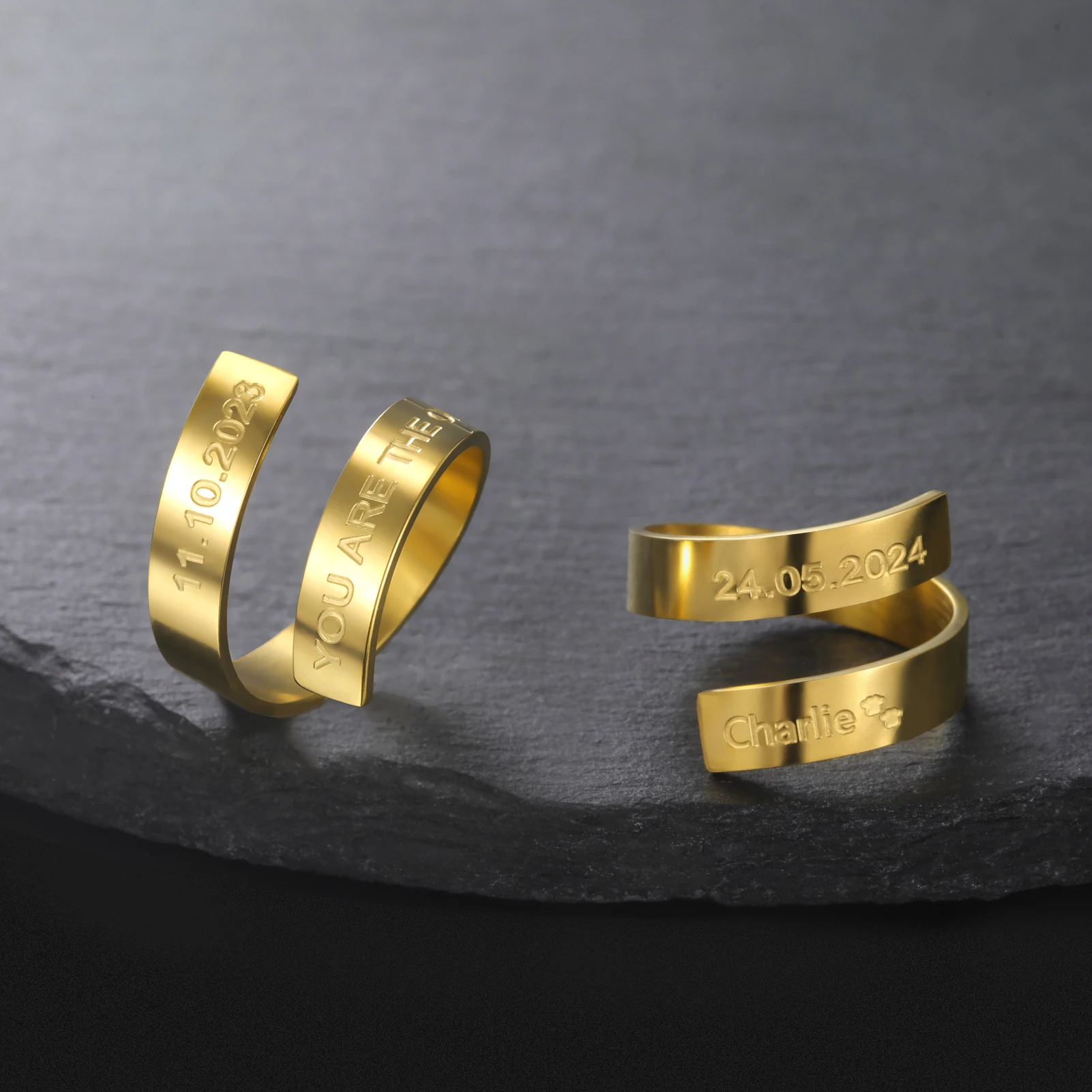 Personalized Name Ring Engraved Sentance Text Logo Open Rings Women Men Stainless Steel Jewelry Customized Party New Year Gifts