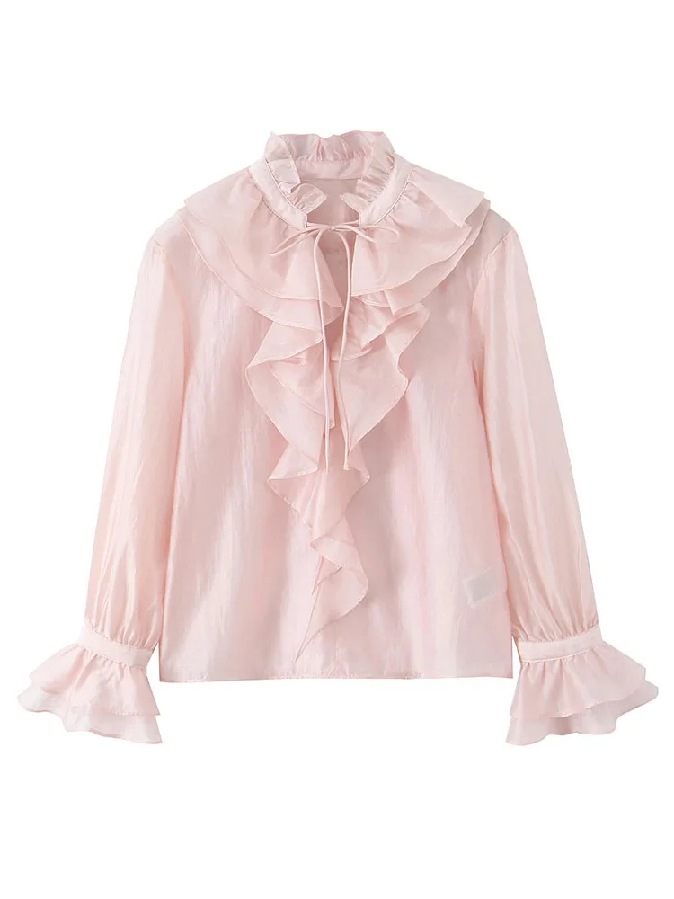 

HH Women's Spring New Fashion Solid Sweet Versatile Ruffled Lace Up Shirt Female Elegant Temperament Long Sleeve Pullover Shirt