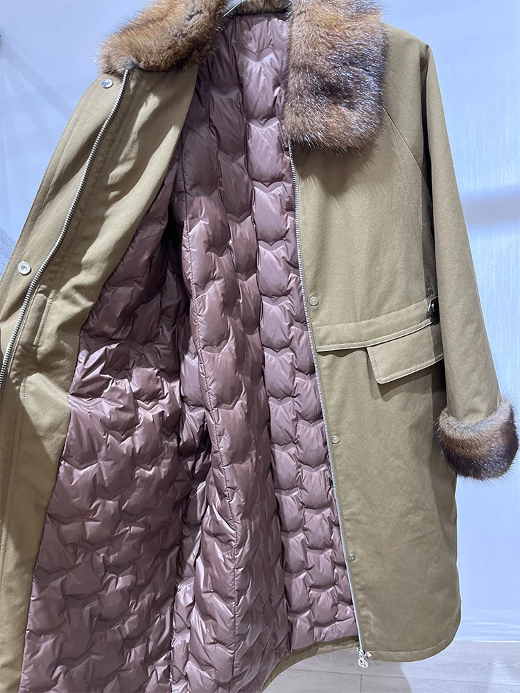 Inverno feminino branco ganso para baixo casacos denim jaqueta natural real muskrat gola de pele de vison parka outwear luxo puffer jaqueta