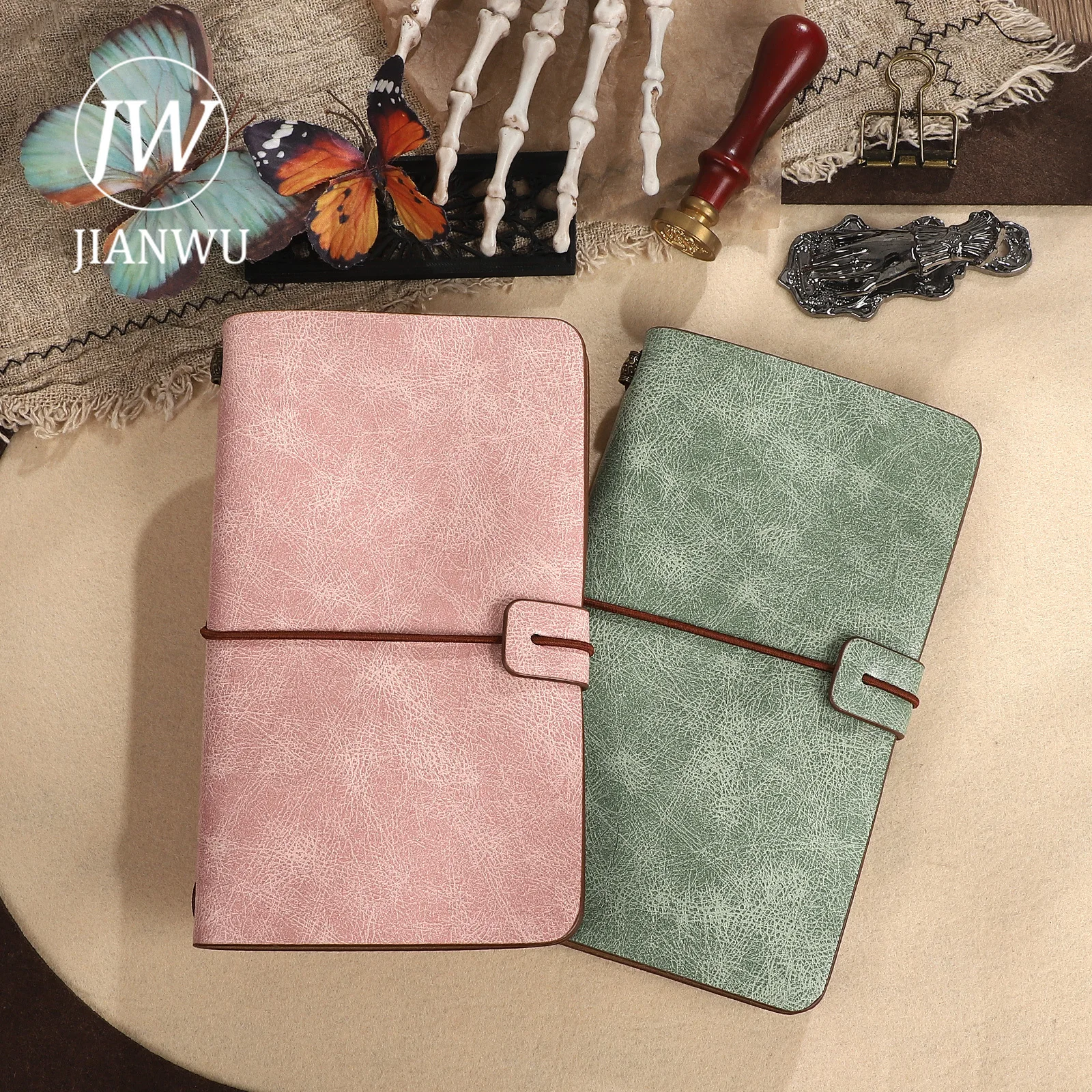 JIANWU A6 Vintage Strapped PU Leather Textured Cover Material Collage Notebook Creative DIY Journal Student Supplies Stationery - view 3