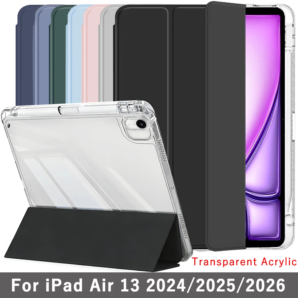 Clear Crystal Tablet Case With Pen Slot For iPad Air 13 2024 2025 2026 M2/M3/M4 13inch A3426 A3269 Tri-fold Magnetic Stand Cases