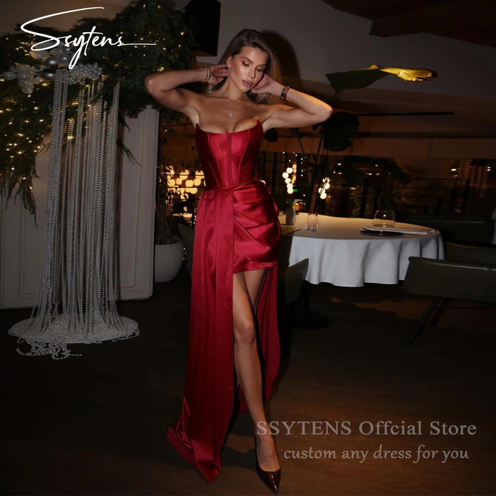

SSYTENS Short Red Satin Prom Dresses Sexy Strapless Mini Homecoming Dress Cocktail Party Gowns Train Robes De Soirée Customized