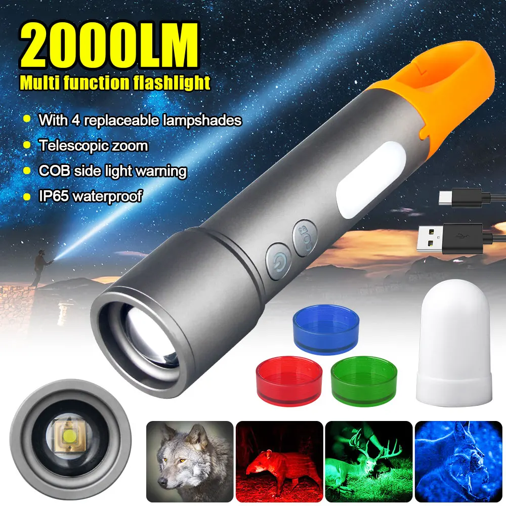 Mini linterna multicolor, luz LED COB con Zoom, carga USB, para tienda de campaña, caza, pesca al aire libre, verde/Rojo/azul/blanco