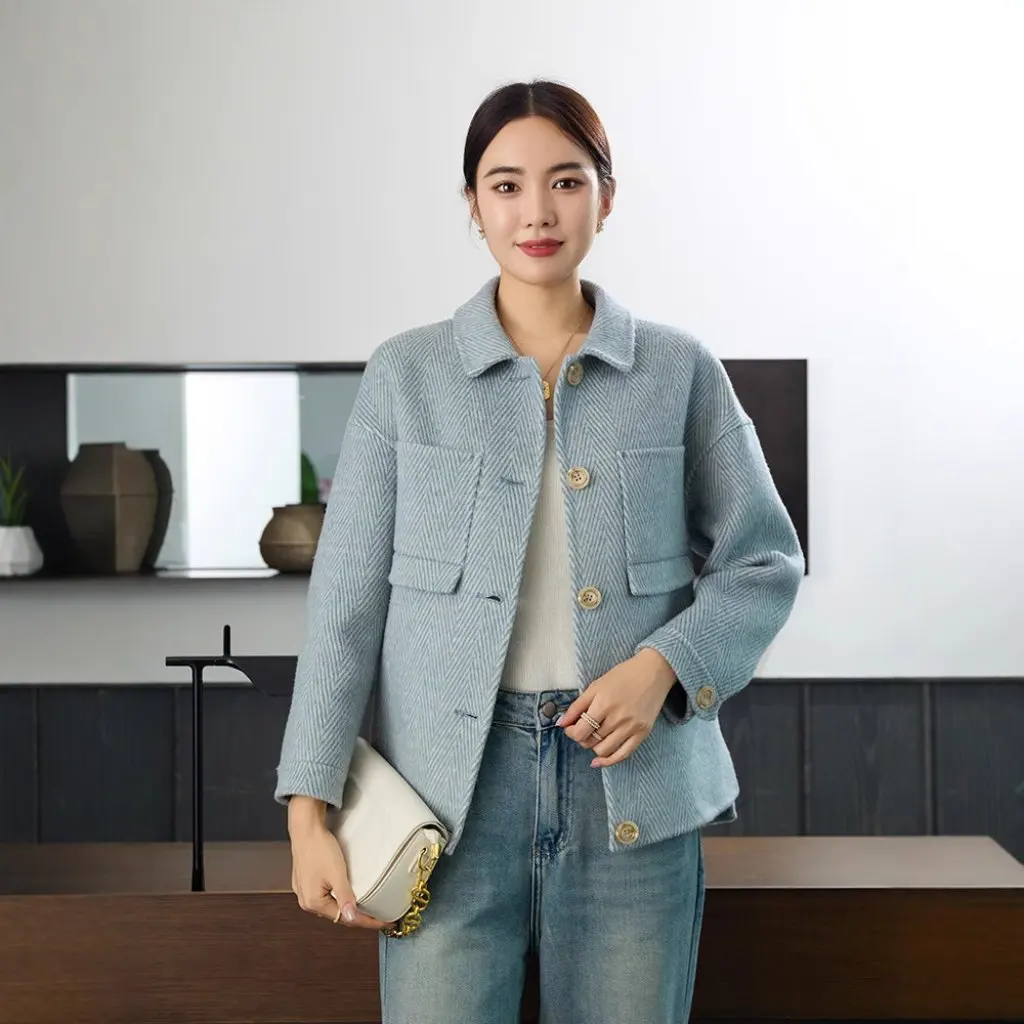

Elegant Slim Fit Short Wool Coat for Women Vintage Style Doll Collar All-match Autumn Winter Fashion 100% Wool