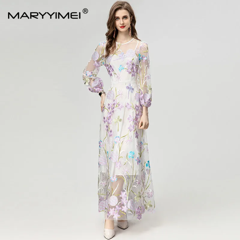 MARYYIMEI Fashion Designer Spring Summer Women's Lantern Sleeved Mesh Embroidery Prairie Chic Ivory White A-Line dresses