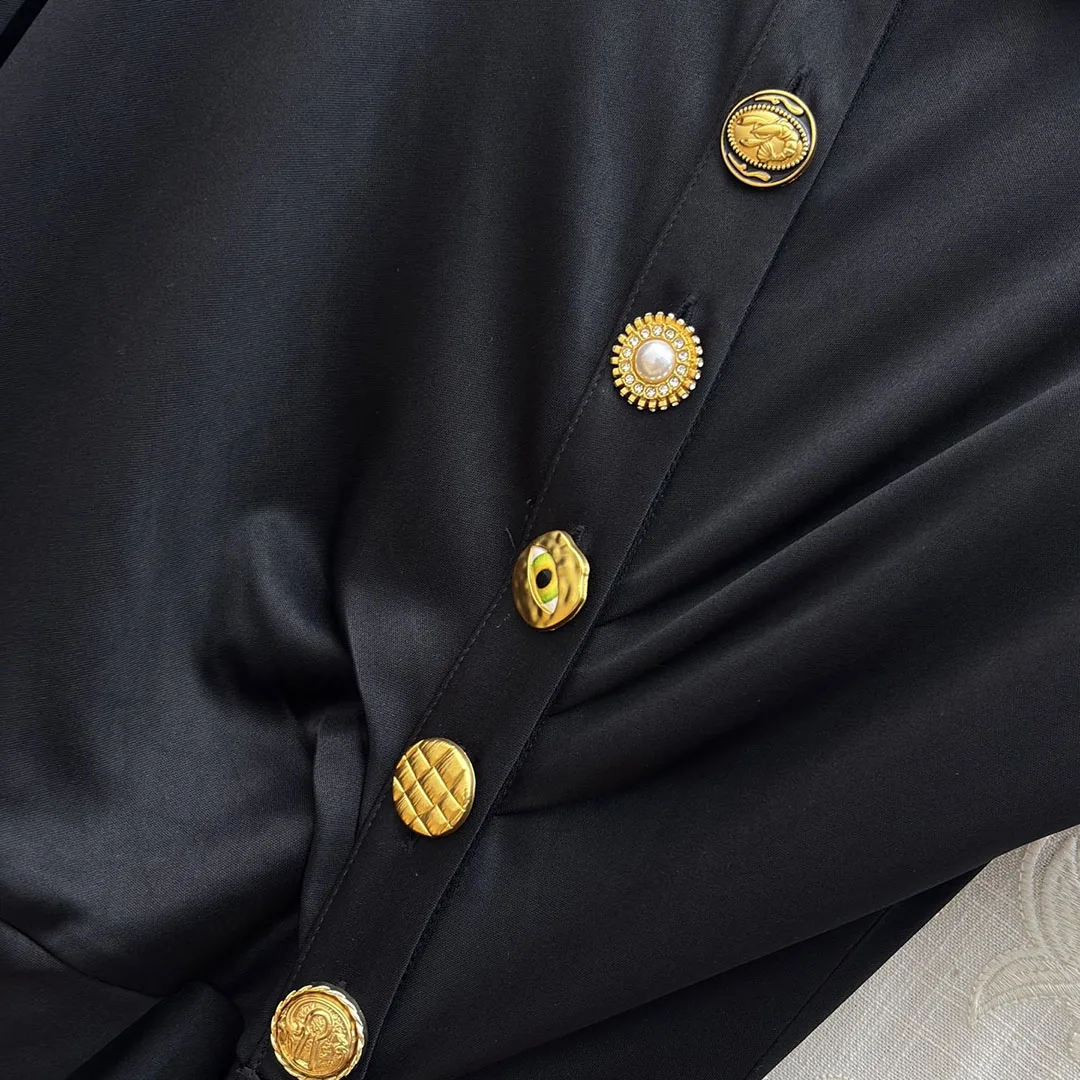 Robe longue en Satin et acétate pour femmes, élégante, couleur unie, revers, boutons dorés, décoration pliable, nouveauté, robes Vintage