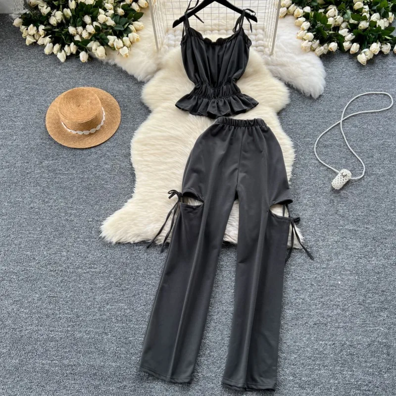 Summer Women Fashion Elegant Party Casual Pantsuit Sleeveless Vintage Tops and Pants Outfits Female Clothes Sexy Two Pieces Set