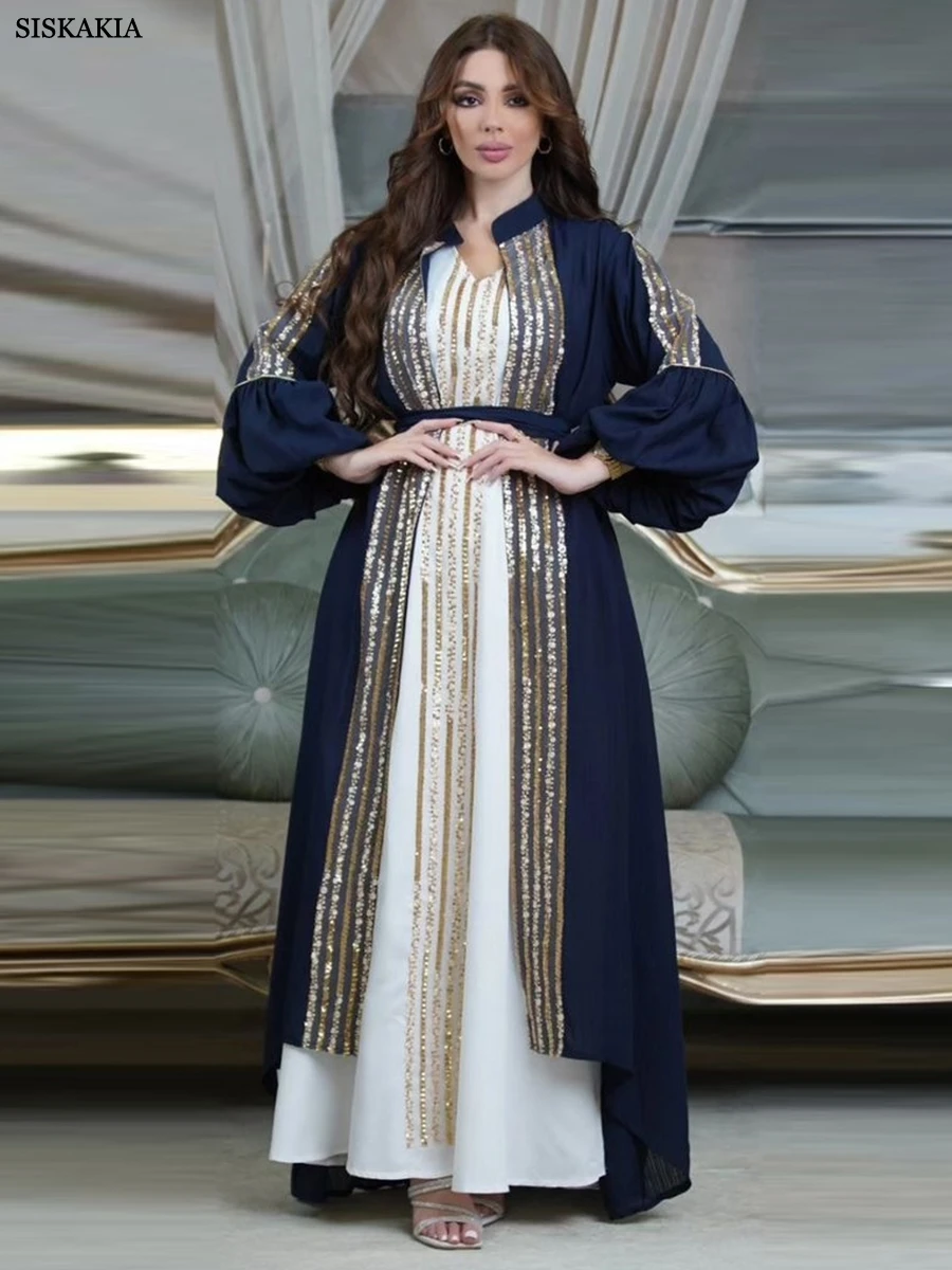 Siskakia Fashion Arab Muslim Party Long Dress Abaya Female 2 Piece Set Belt Sequins Puff Sleeve Maxi Moroccan Women Clothing