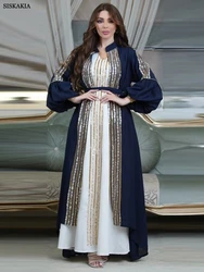 Siskakia-Robe longue de soirée arabe musulmane pour femmes, ensemble 2 pièces, abaya, ceinture, paillettes, manches bouffantes, maxi, vêtements marocains
