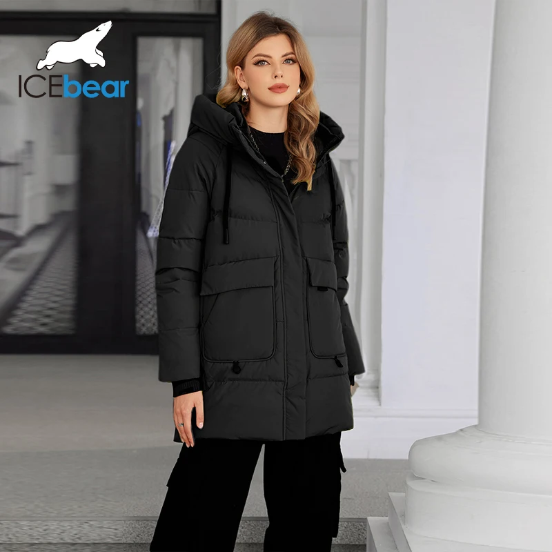 ICEbear-Casaco acolchoado quente feminino com zíper com capuz, elegante, novo, inverno, 2022, GWD3781I