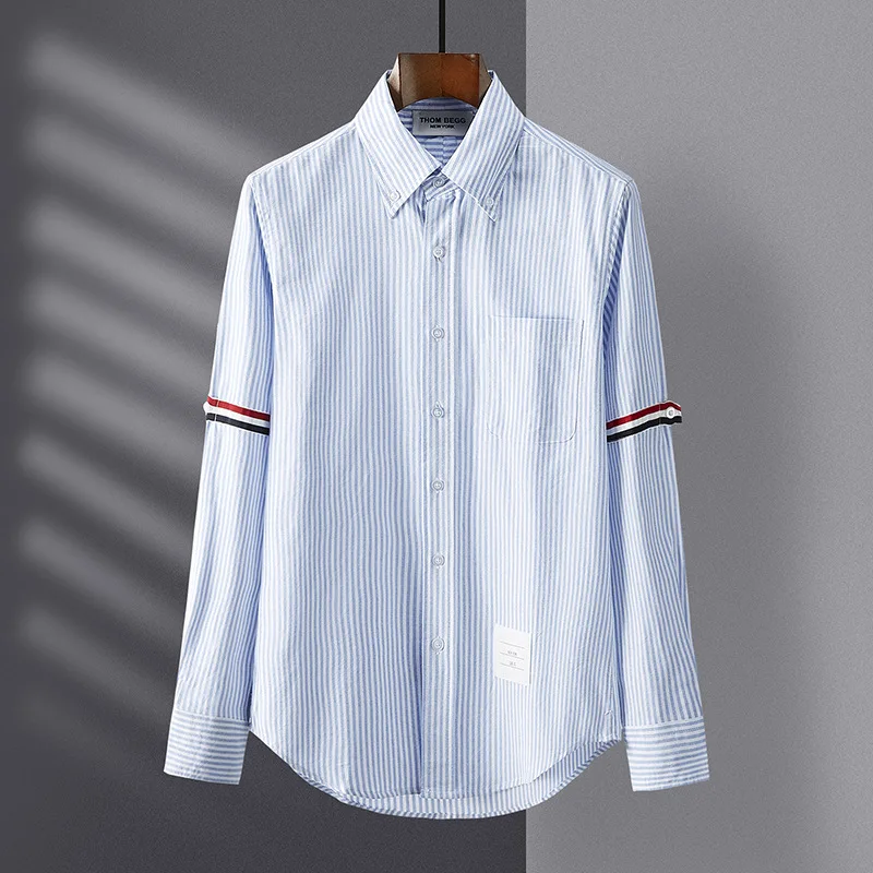 2024 New High Quality TB Shirt Unisex Summer Fashion Weaving Colorful Striped Shirt Academy Long Sleeve Flip Collar Couple Shirt