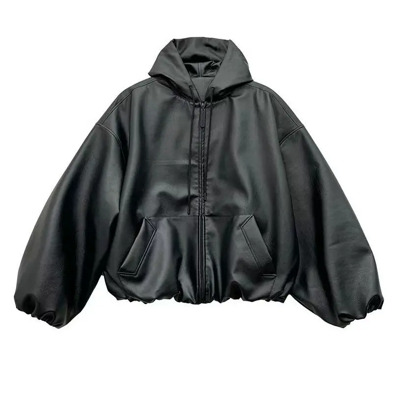 

Retro Black Gothic Hooded Leather Jacket for Men and Women Korean Fashion New Trend Simple Windproof Motorcycle Coats
