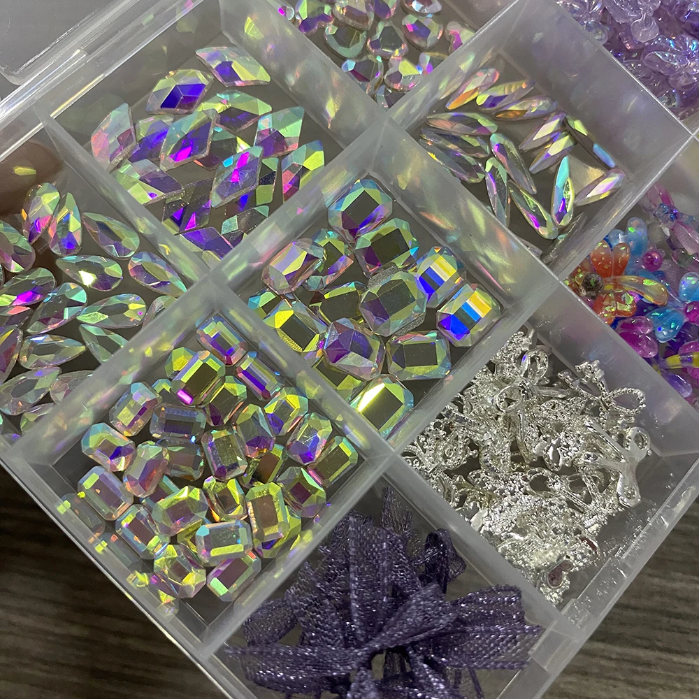 12 rasters 3D gemengde AB Aurora diamant acryl nagelbedels met organza strik lolly nail art steentjes DIY manicure benodigdheden