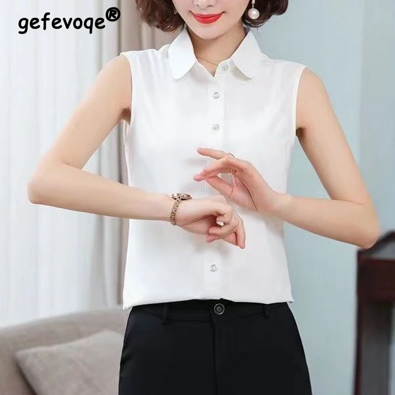 2024 Summer Women\'s Fashion Sleeveless Elegant Button Up Shirt Office Lady Black White Business Casual Turn Down Collar Blouse