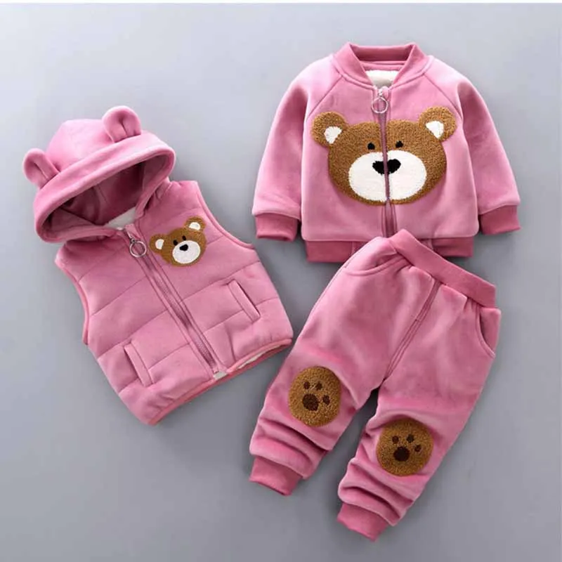 2024 Baby Padded Three-Piece Girls Bear Cartoon Hooded Sets Autumn Winter Boys Warm Zip Solid Colour Casual Suit 12M-4 Years Old