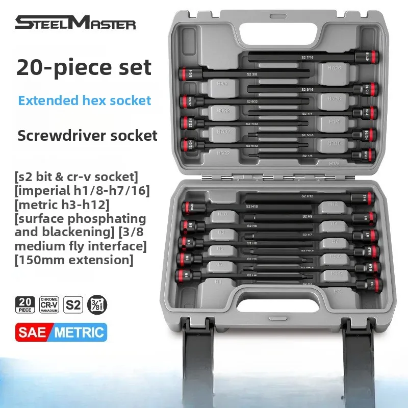

20-Piece 3/8 Inch Extended Hex Socket Kit, Metric Hexagonal Bit Wrenches, Long Reach 6-Point Drive Tools for Mechanical Repair