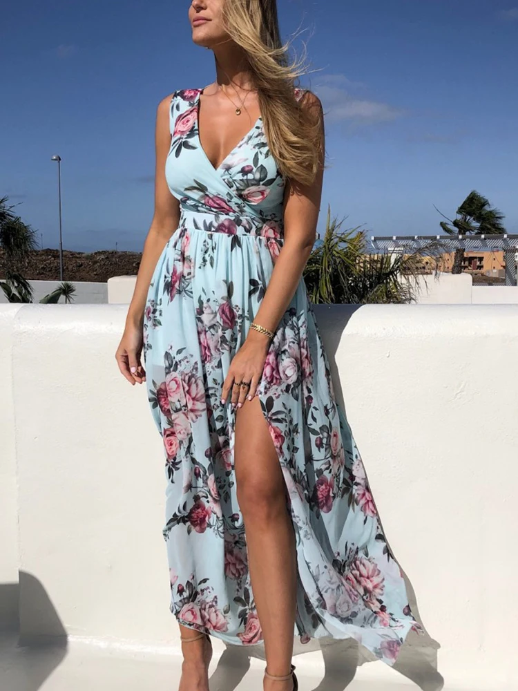 Summer Fashion Slim V-Neck Tie-Up Backless Chiffon Dress Sexy Sleeveless Slit Maxi Cover-Ups Robe Women Floral Print Beach Dress