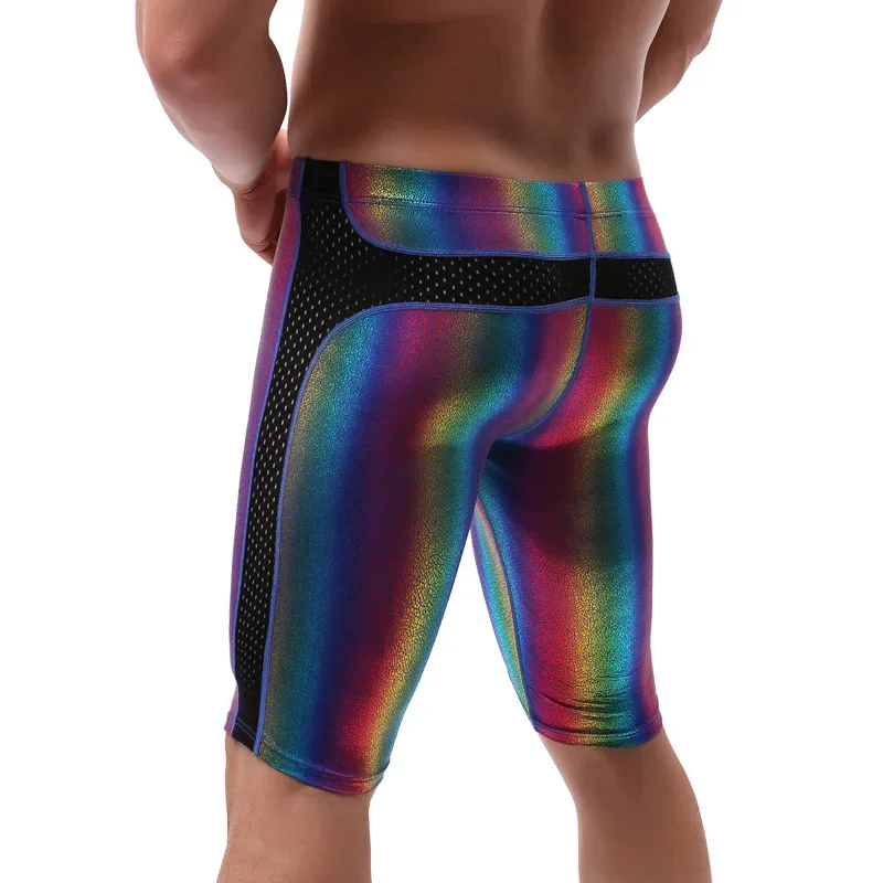 Men's Casual Shorts Imitation Leather Rainbow High Elastic Low Waist Middle Length Board Shorts